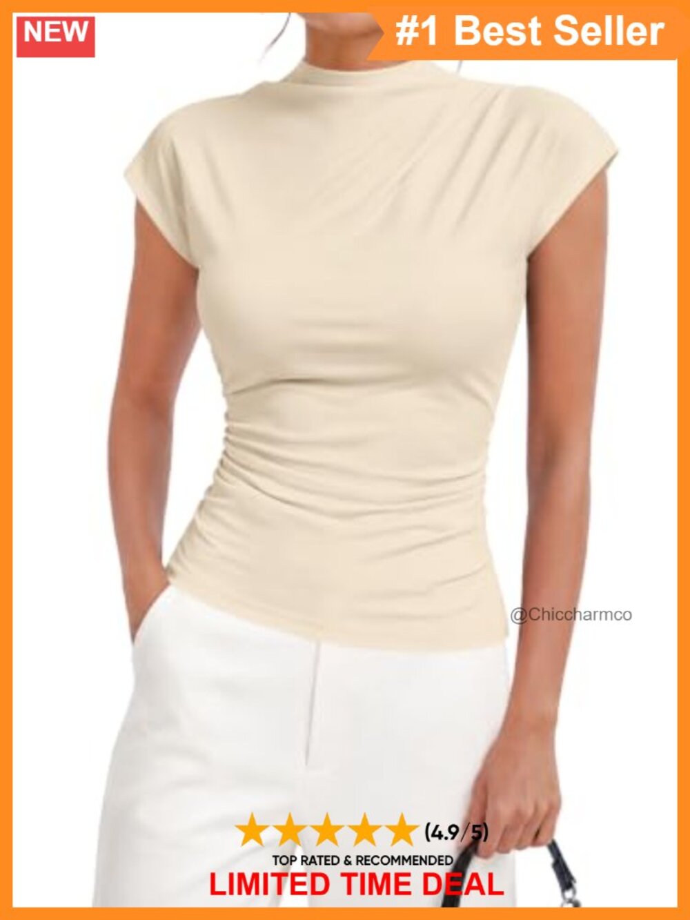 Womens Mock Neck Cap Sleeve Ruched Slim Fit Y2K Office Work Blouse Top
